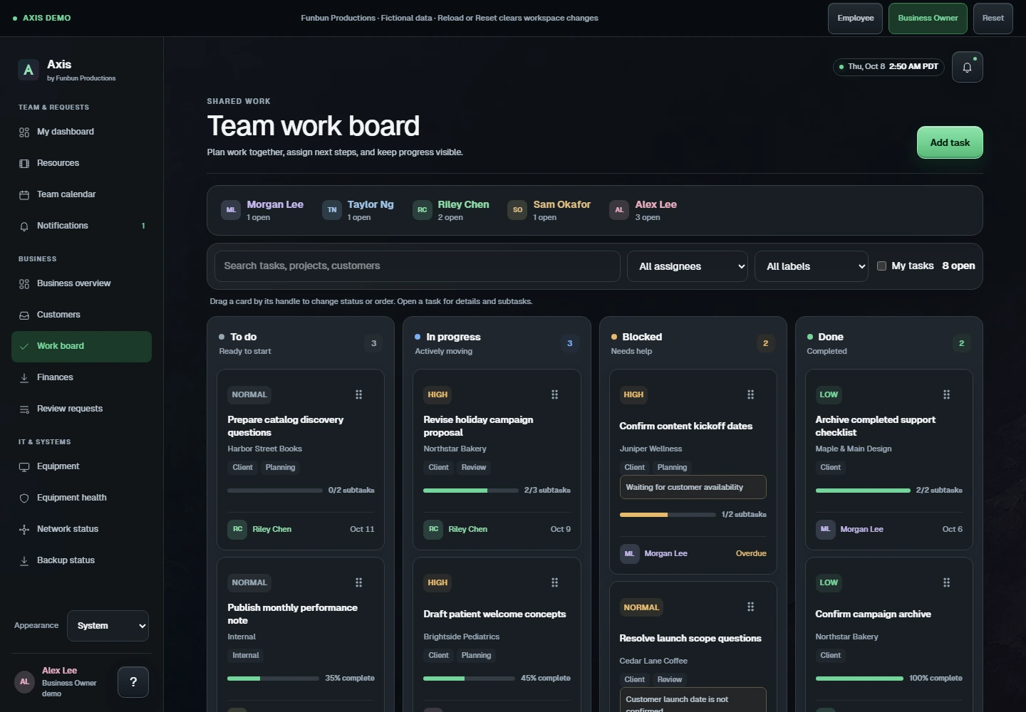 Axis shared work board with task owners, status columns, subtasks and progress.