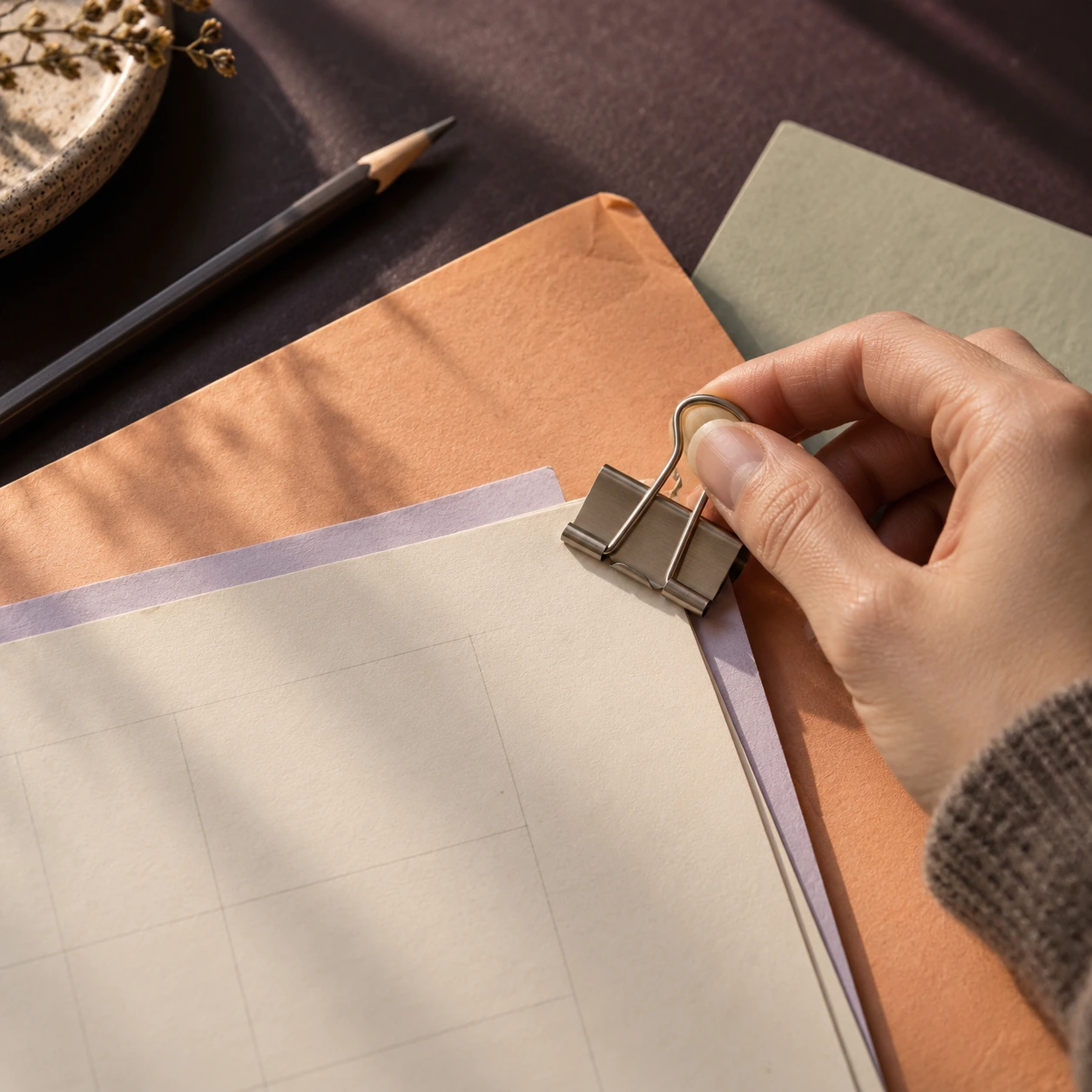 A close look at the paper, tools and textures of a working desk.